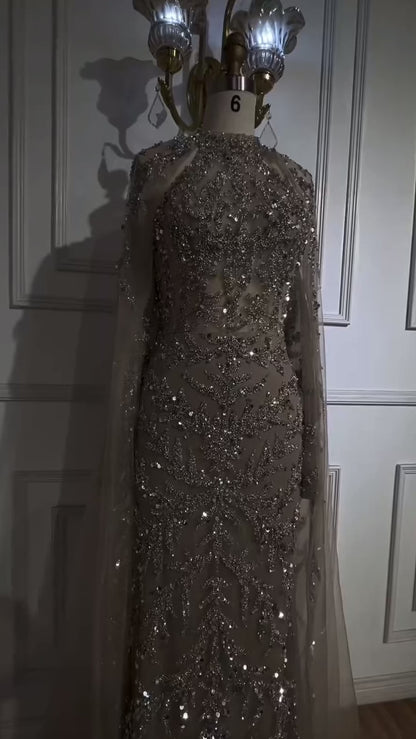Turquoise Cape Sleeves Mermaid Beaded Luxury Evening Dress