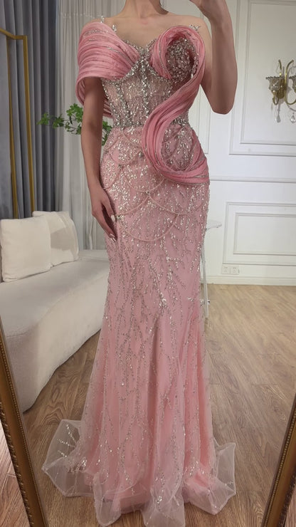 Pink Mermaid Sleeveless Beaded Evening Dress