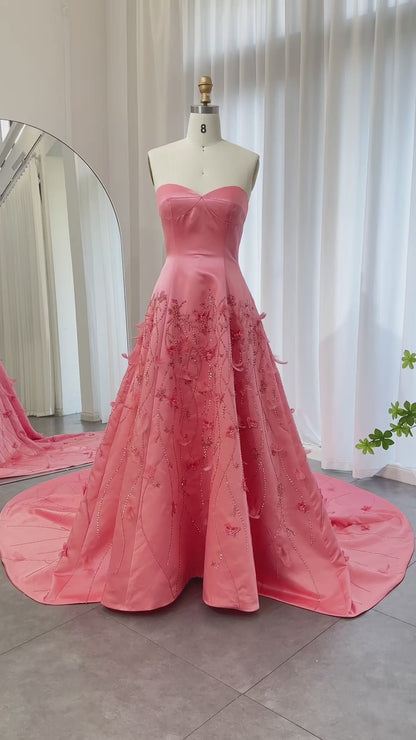 Luxury Feathers Coral Pink 3D Flowers Dress