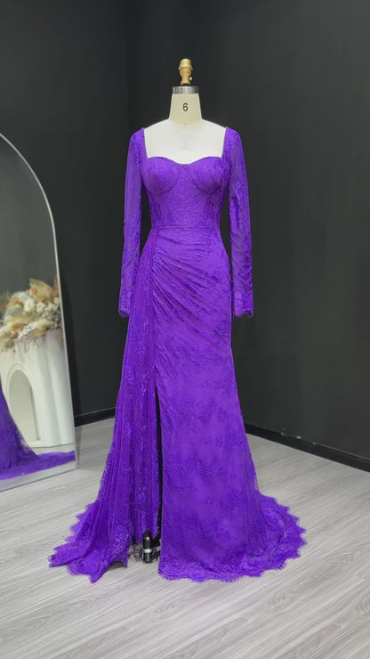 Purple Lace Pleated with Long Sleeves Side Slit