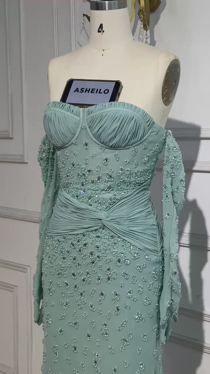 Sage Green Embellished Gown with Coordinated Gloves