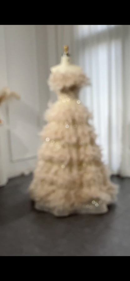 Luxury Feathers Princess Cream Evening Dress