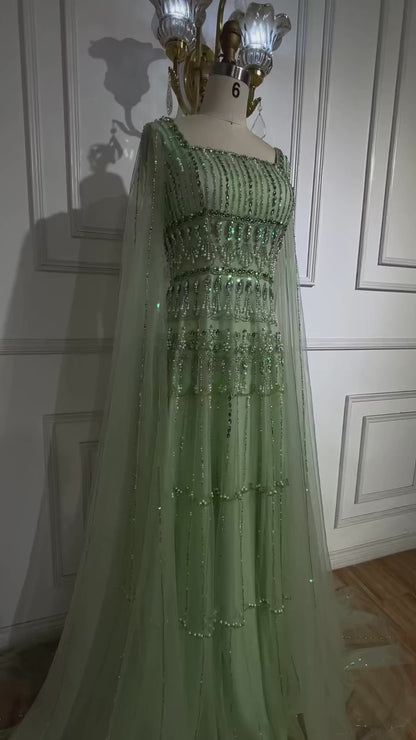 Sage Green A-Line Beaded Luxury Evening Dress