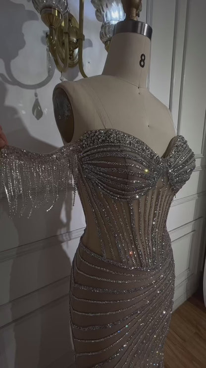 Luxury Silver Nude Mermaid Evening Dress