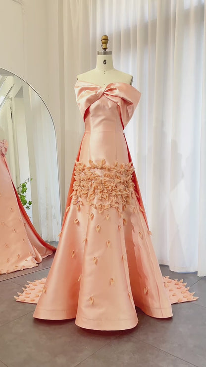 Luxury 3D Flowers Blush Pink Satin Evening Dress