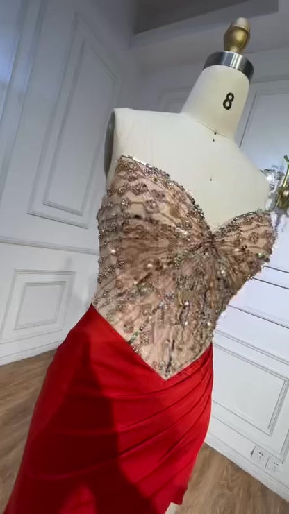 Elegant High Split Satin Strapless Gowns Beaded dress