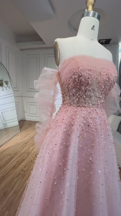 Beaded Elegant Long Evening Dress With Gloves