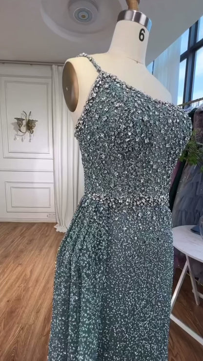 Mermaid One Shoulder Pearls Luxury Evening Dress