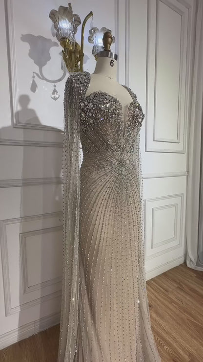 Silver Nude Cape Sleeves Beaded Evening Dress