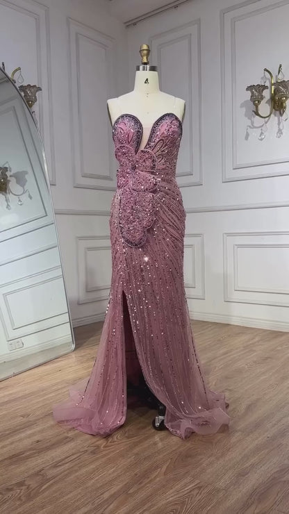 Pink Strapless Mermaid Evening Dress with High Split for Formal Occasion