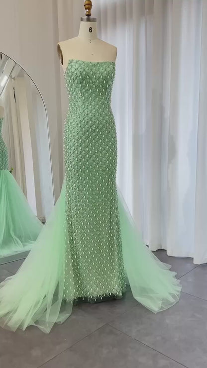 Luxury Crystal Pearls Mermaid Sage Green Evening Dress
