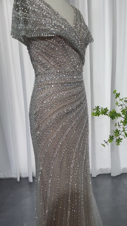 Luxury Silver Nude Evening Dress