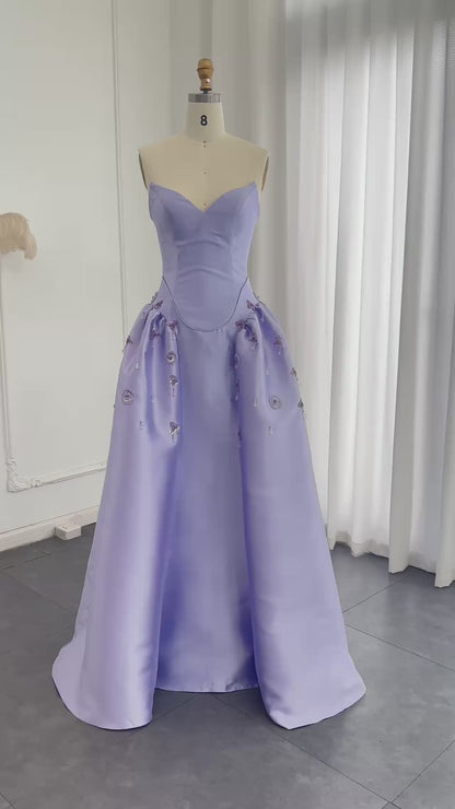 Luxury Pearls Stone Lilac Evening Dress A-Line Elegant
