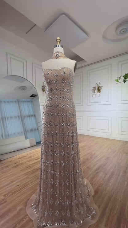 Nude Strapless Beaded A-Line Evening Dress