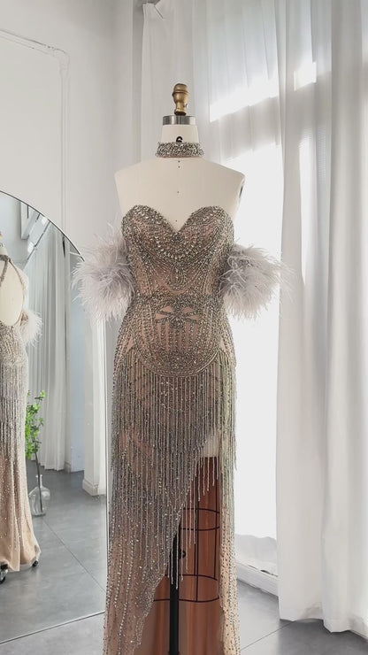Silver Nude Strapless Open Split Evening Dress