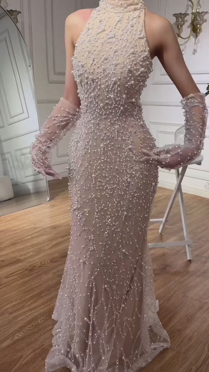 Luxury Pearls Beaded Evening Dress White Nude