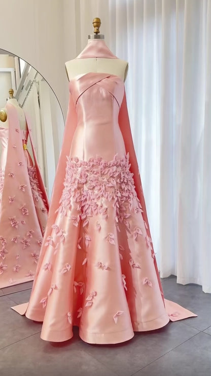Luxury flowers 3D Pink Satin Evening Dress with Cape