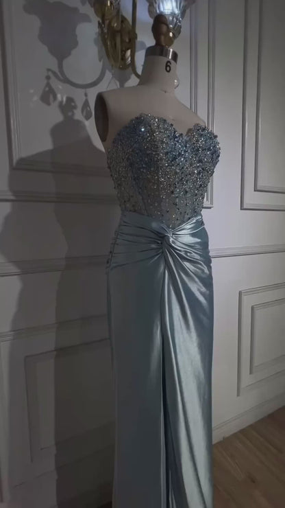Blue Luxury Beaded Satin Mermaid Evening Dress
