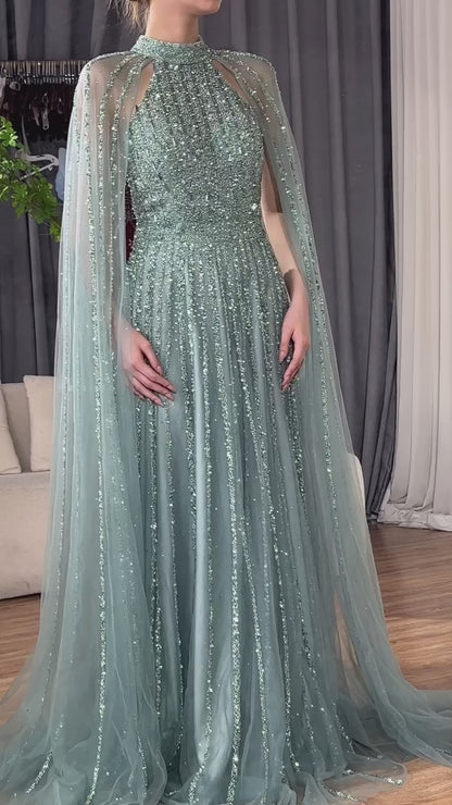Mermaid Elegant Cape Sleeves Beaded Luxury Evening Dress