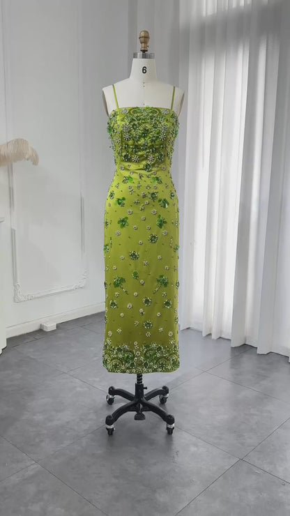 Luxury 3D Floral Beaded Short Green Evening Dress with Spaghetti Straps Sheath Midi