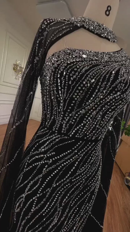 Black Mermaid Elegant Cape Sleeves Beaded Luxury Evening Dress