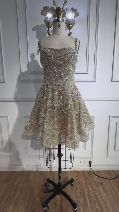 Luxury Nude Crystal A-Line Short Sparkly Cocktail Party Dress