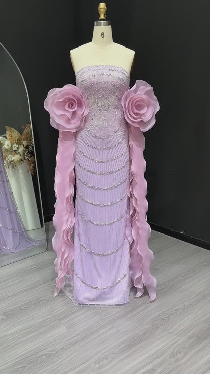 Strapless purple evening gown with 3D floral ruffles