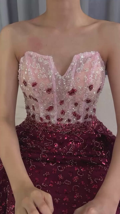 ‏Elegant Burgundy-Blue Ball Gown with Embellished Corset