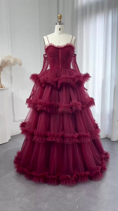 Burgundy Tulle Tiered Ruffles Evening Dress with Gloves