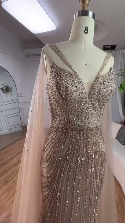 Mermaid Elegant Cape Sleeves Luxury Evening Dress