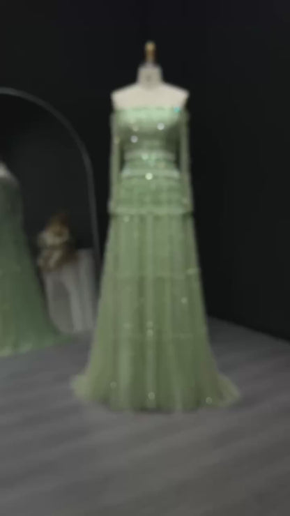 Luxury Beaded Sage Green A-Line Off Shoulder Evening Dress