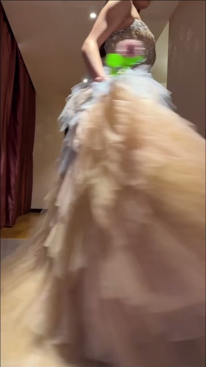 Rose Gold Blue Ruffles Princess Ball Gown Evening Dress
