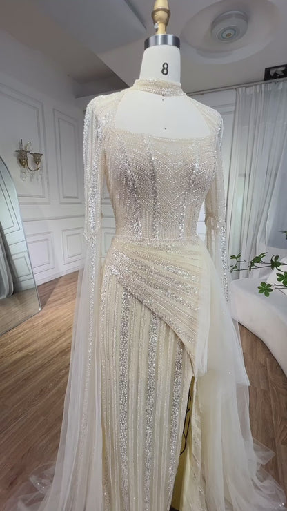 Evening Gowns Luxury Beaded High Split Cape Sleeves Long Dress