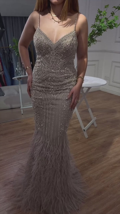 Caramel Mermaid Elegant Feathers Beaded Evening Dress