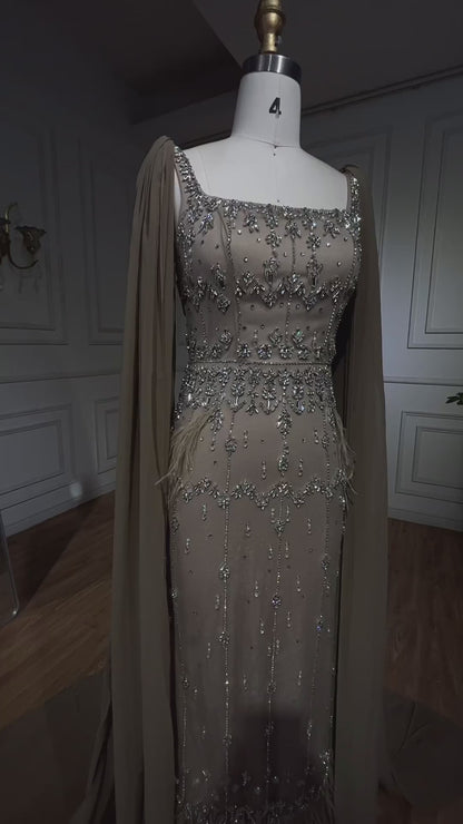 Luxury Beaded Evening Dress Ankle Length Elegant Feather