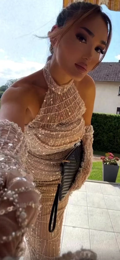 Luxury Nude Mermaid Evening Dress with Gloves