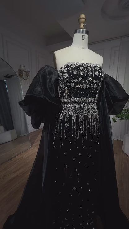 Black Puff Sleeves Evening Dress Gowns Beaded