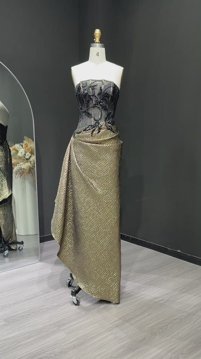 Strapless Sequin Evening Dress with Knot Black