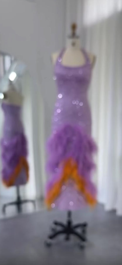 Purple dress with feathers and beads