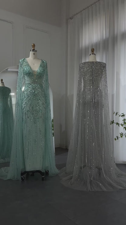 Luxury Evening Dress with Cape V-Neck