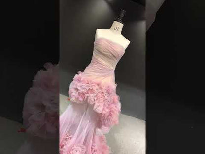 Strapless Pink Ruffled Tulle Couture Gown