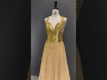 Hand-Embroidered Gold Halter Tulle Couture Gown