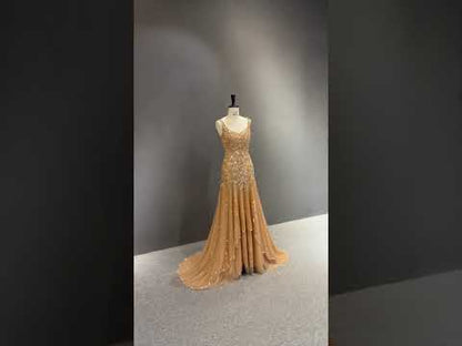 Hand-Embroidered Champagne Couture Gown